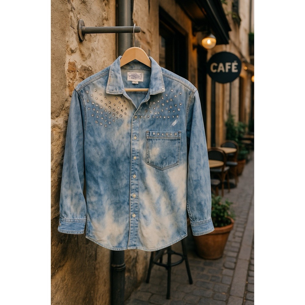 Perry Ellis Levi Strauss Bleached Denim Rhinestone Western Shirt Sz S Vintage 80